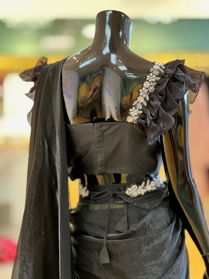 Black Embroidered Pre- Pleated Saree And Blouse