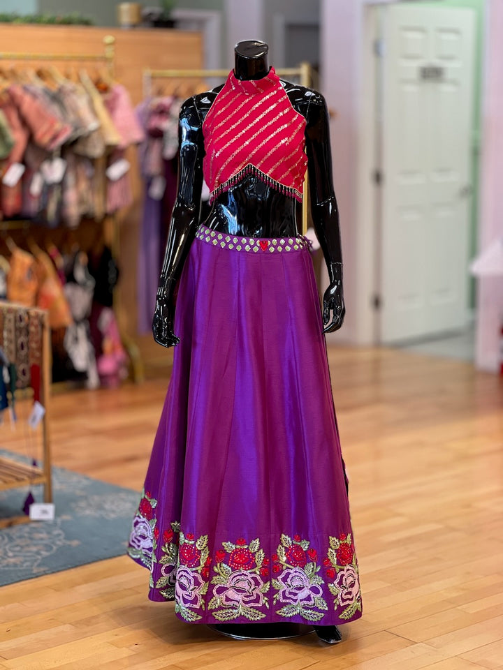 Purple And Red Hand Embroidered Lehenga Set