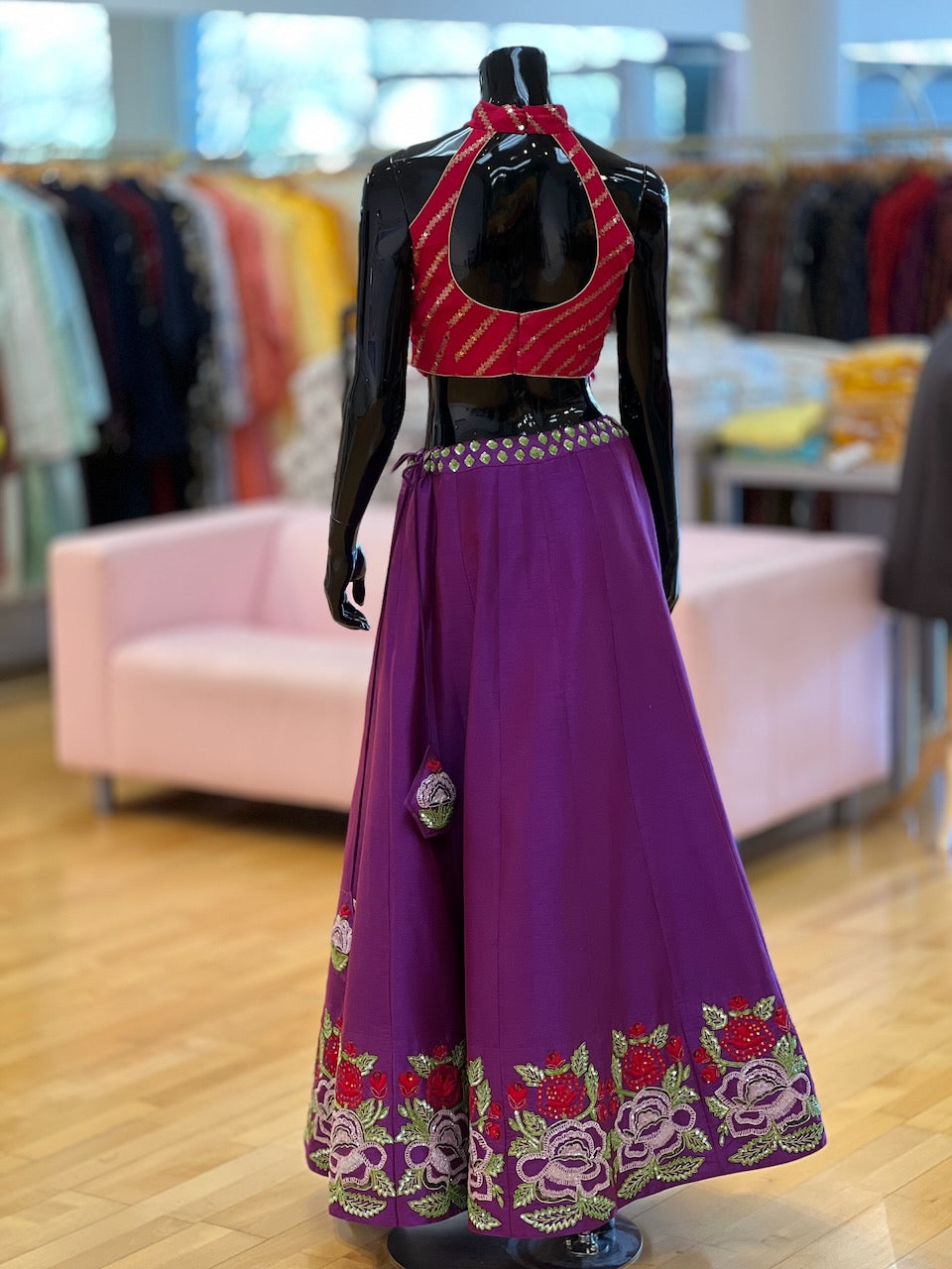 Purple And Red Hand Embroidered Lehenga Set