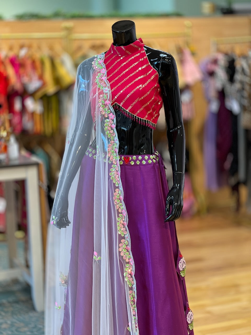 Purple And Red Hand Embroidered Lehenga Set