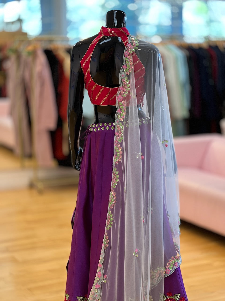 Purple And Red Hand Embroidered Lehenga Set