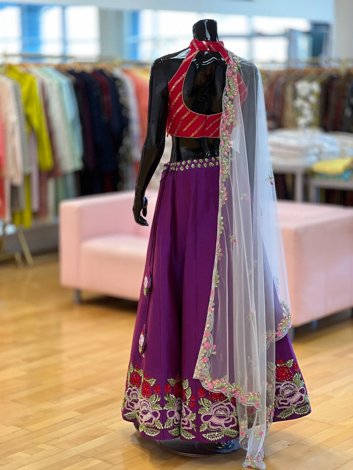 Purple And Red Hand Embroidered Lehenga Set