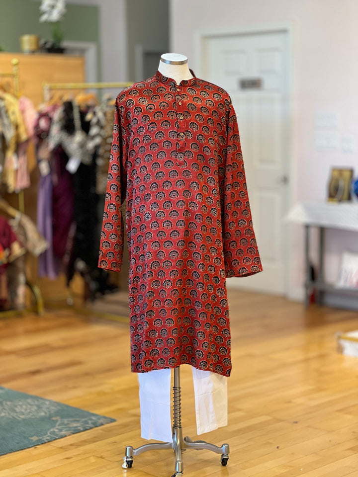 Gaji Silk Flower Motif Ajrakh Block Print Kurta