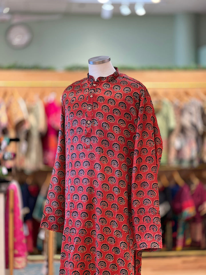 Gaji Silk Flower Motif Ajrakh Block Print Kurta