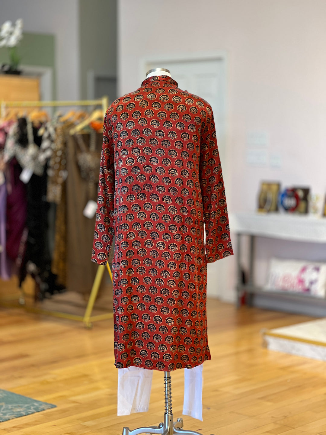 Gaji Silk Flower Motif Ajrakh Block Print Kurta