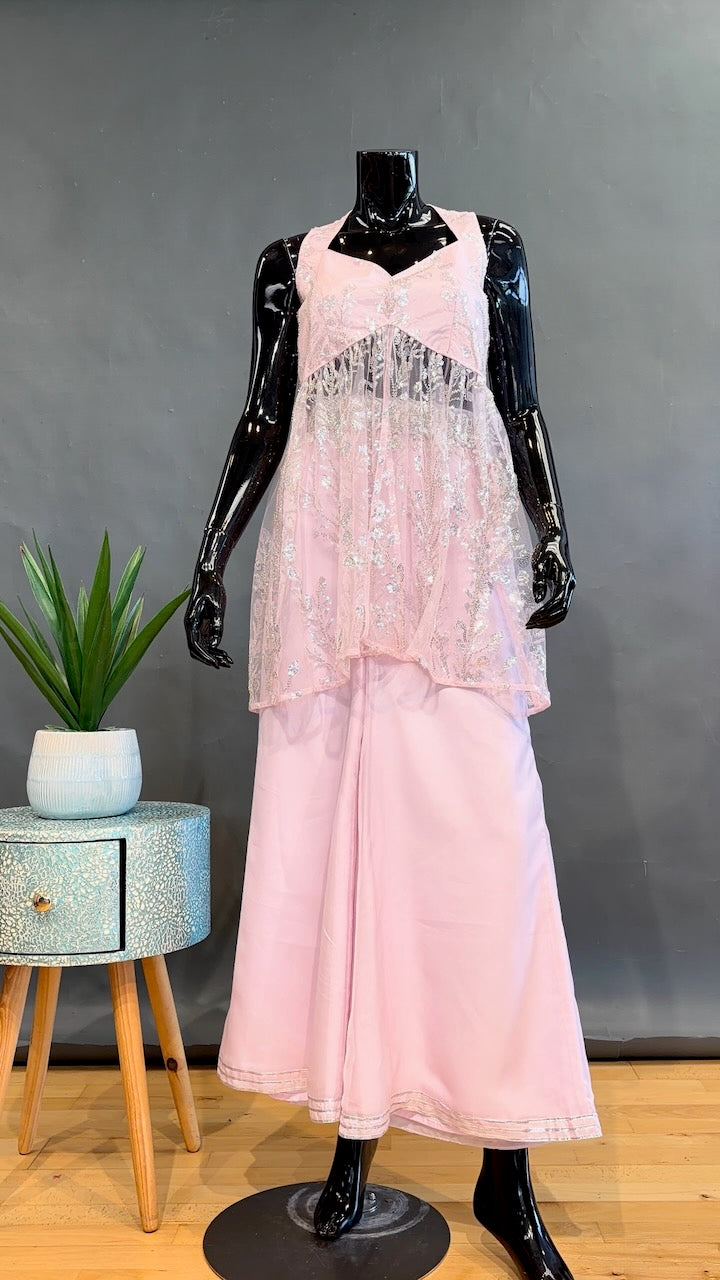 Baby-Pink Sharara with Silver Sequins Embroidery