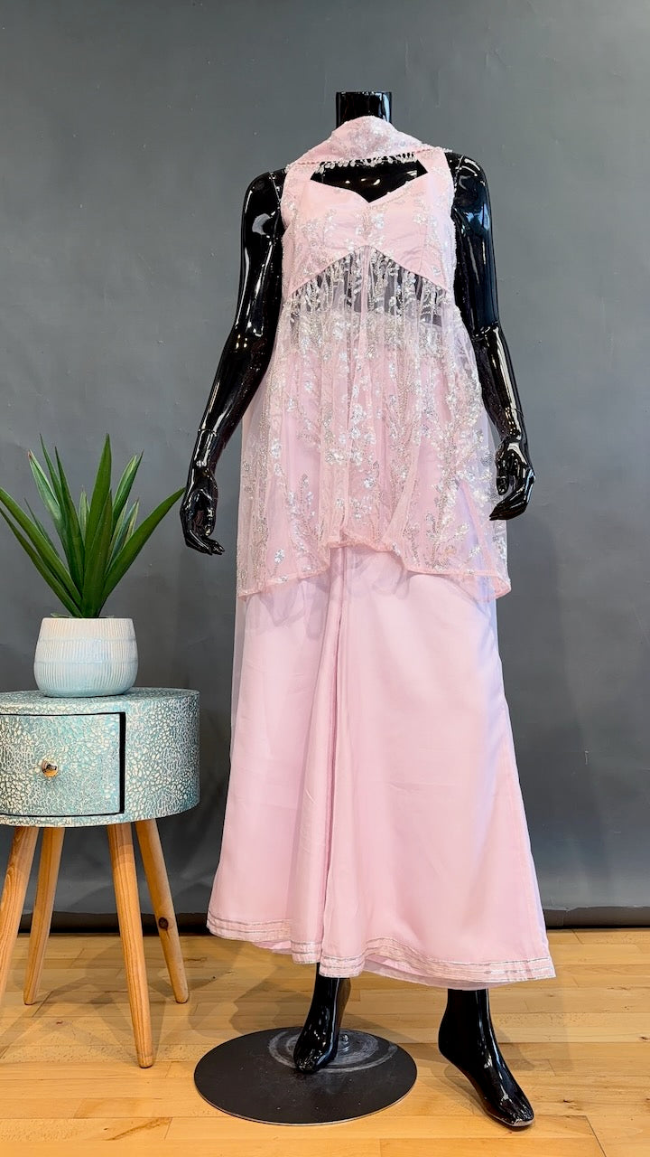 Baby-Pink Sharara with Silver Sequins Embroidery