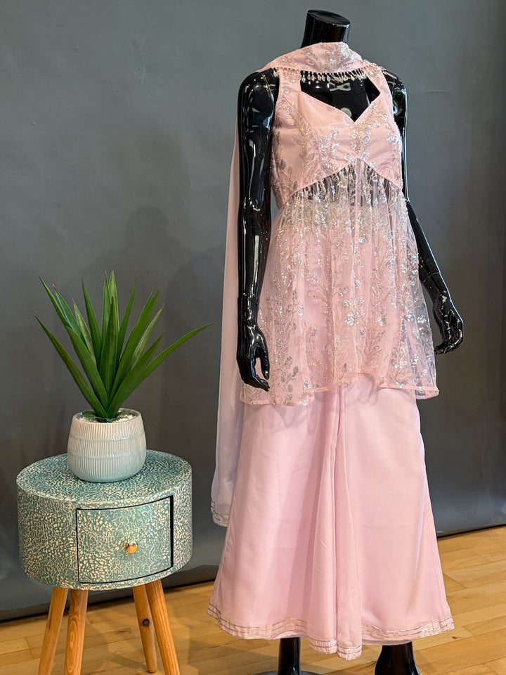Baby-Pink Sharara with Silver Sequins Embroidery