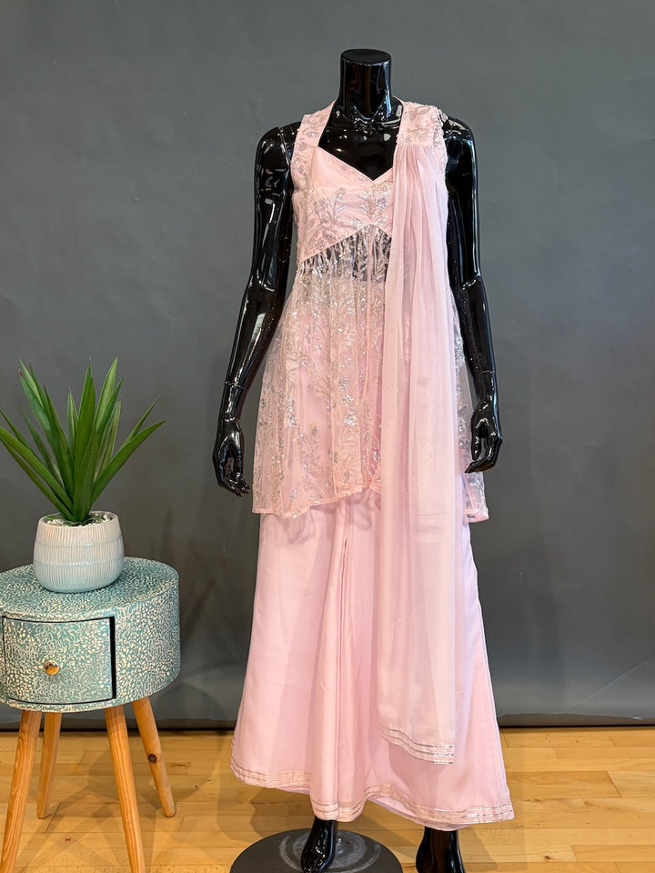 Baby-Pink Sharara with Silver Sequins Embroidery