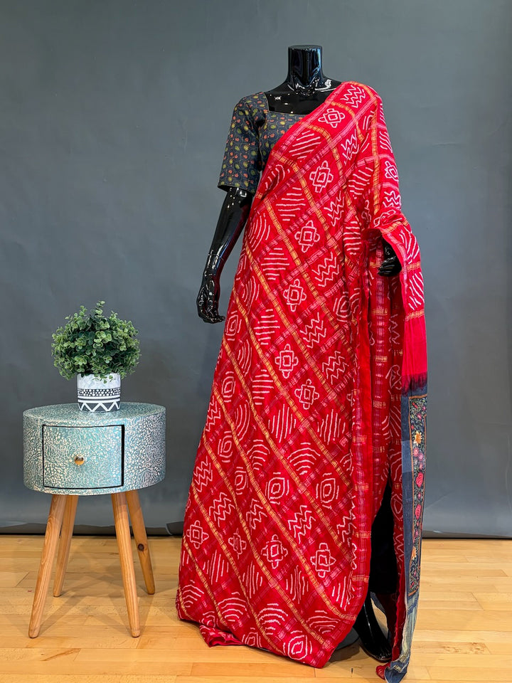 Deep-Red Ajrakh Bandhani Saree with Blue-Grey Blouse