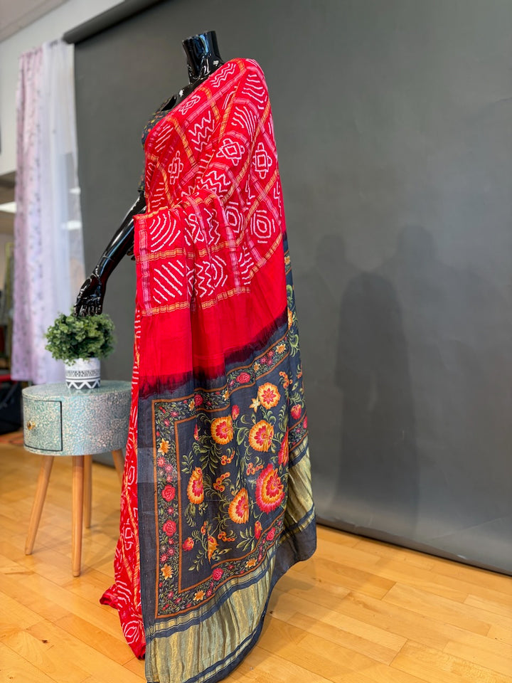 Deep-Red Ajrakh Bandhani Saree with Blue-Grey Blouse
