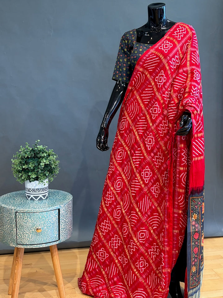 Deep-Red Ajrakh Bandhani Saree with Blue-Grey Blouse