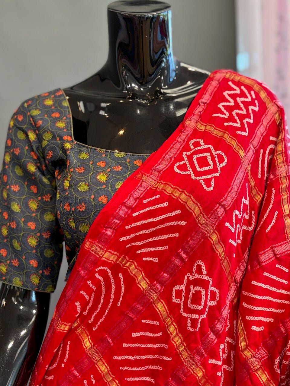 Deep-Red Ajrakh Bandhani Saree with Blue-Grey Blouse