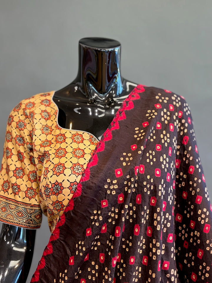 Dark-Brown Ajrakh Bandhani Saree