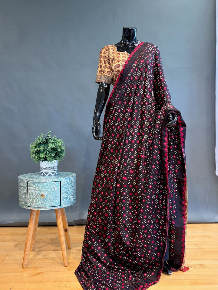 Dark-Brown Ajrakh Bandhani Saree