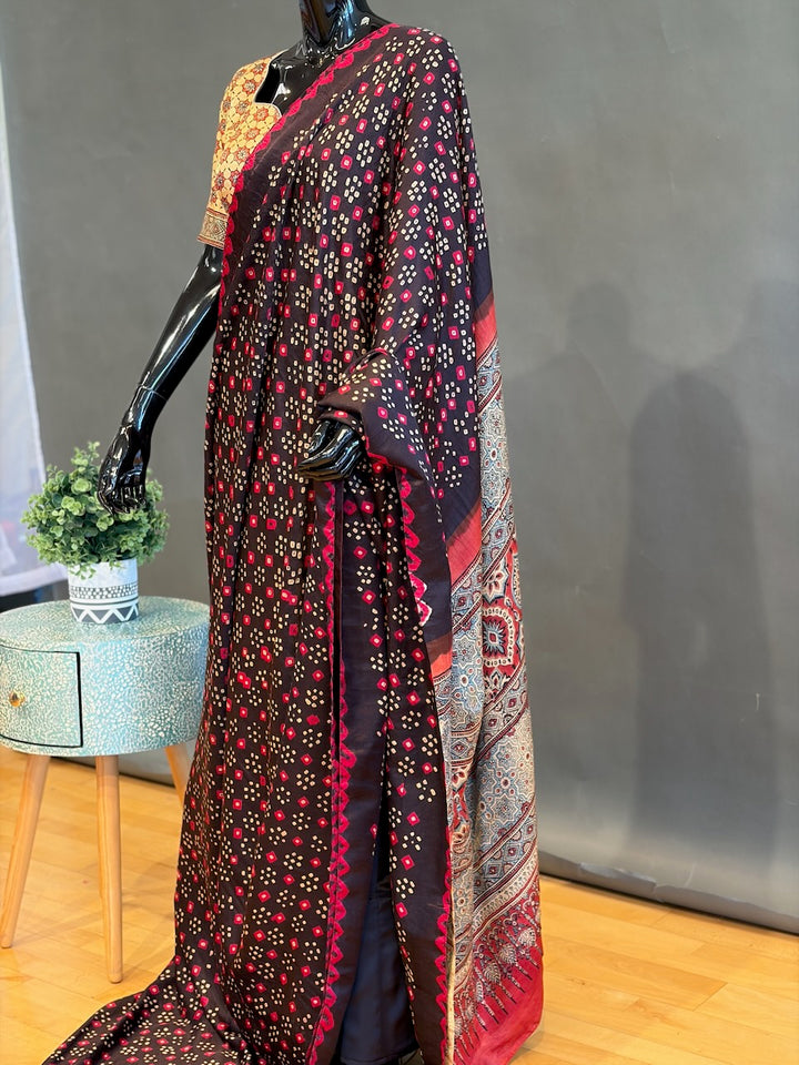 Dark-Brown Ajrakh Bandhani Saree