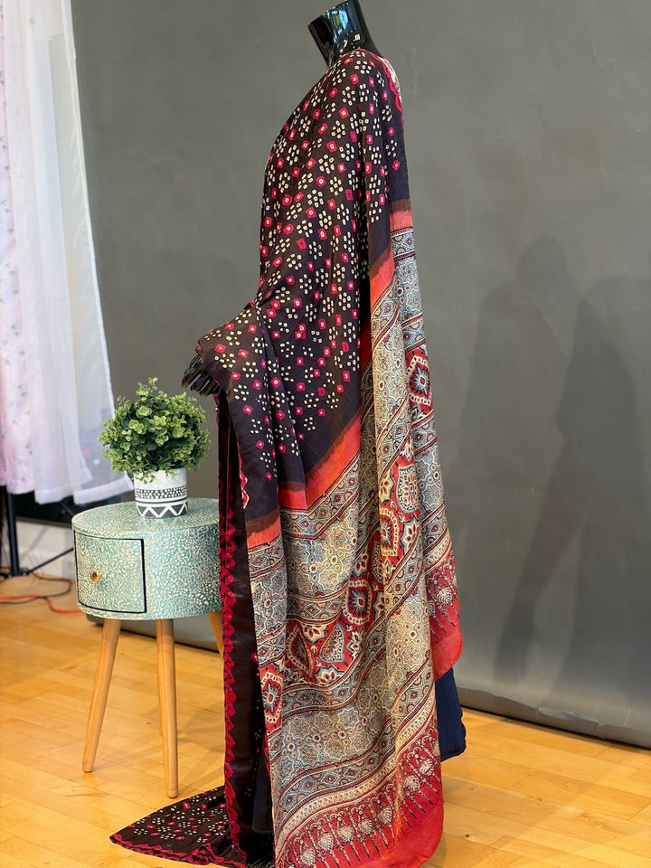 Dark-Brown Ajrakh Bandhani Saree