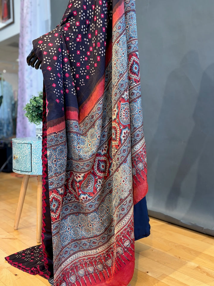 Dark-Brown Ajrakh Bandhani Saree