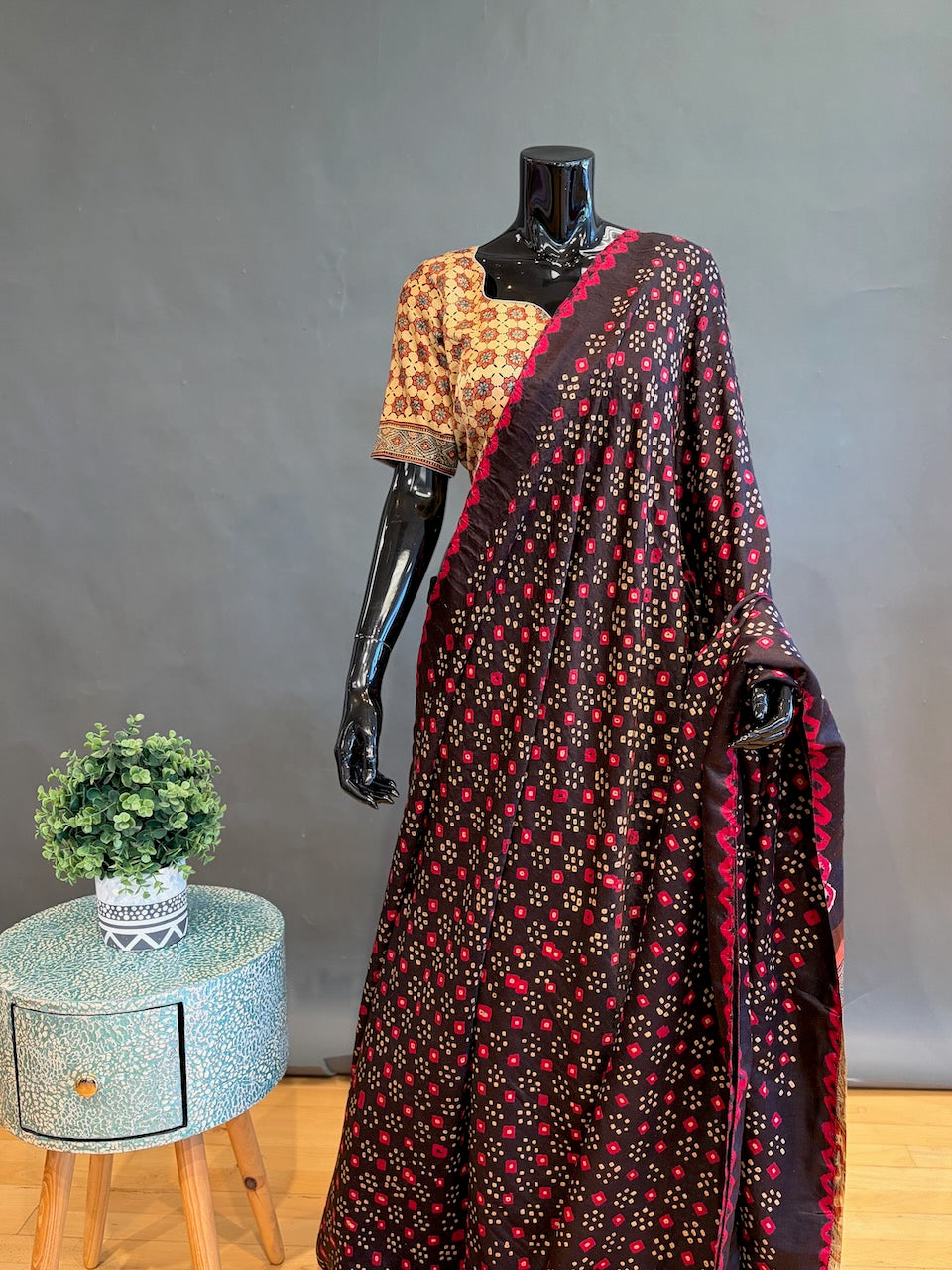 Dark-Brown Ajrakh Bandhani Saree