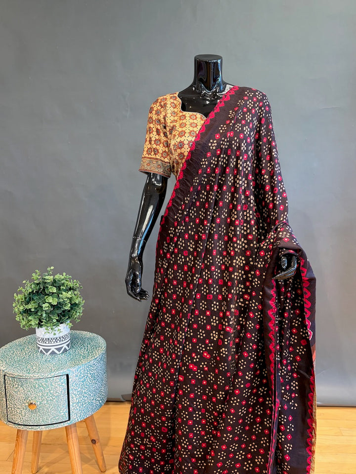 Dark-Brown Ajrakh Bandhani Saree
