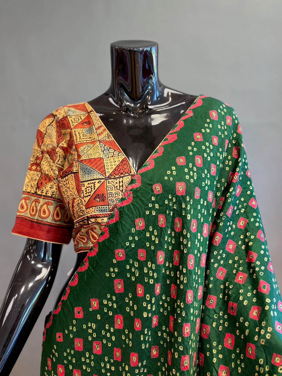 Emerald-Green Ajrakh Bandhani Saree