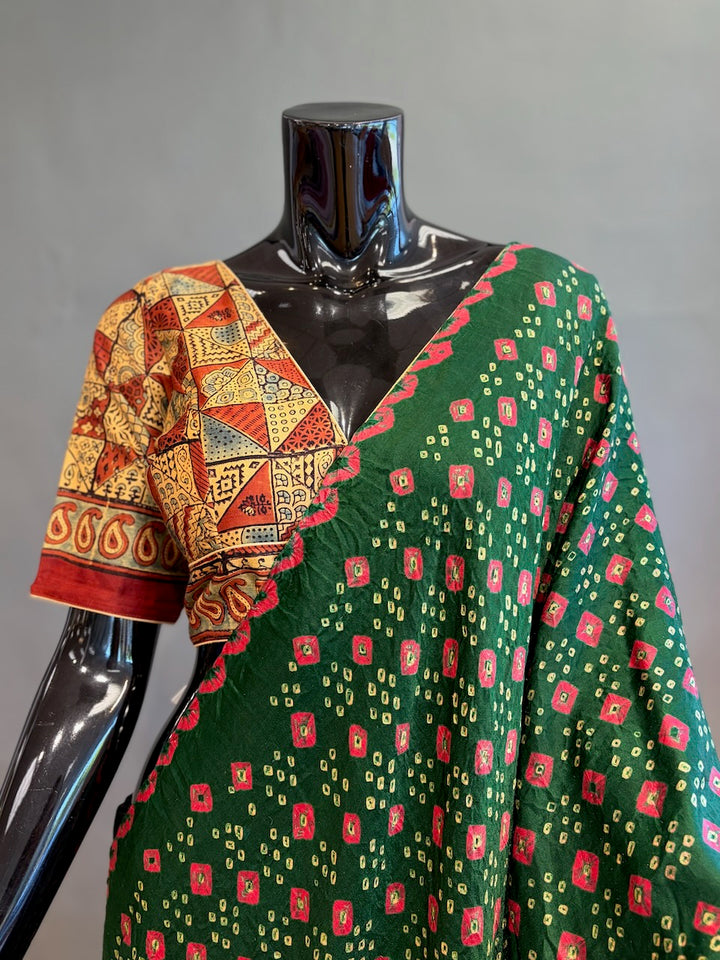 Emerald-Green Ajrakh Bandhani Saree