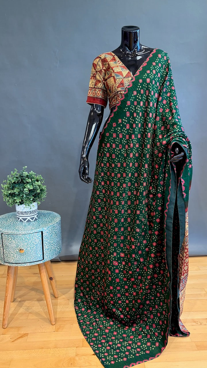 Emerald-Green Ajrakh Bandhani Saree