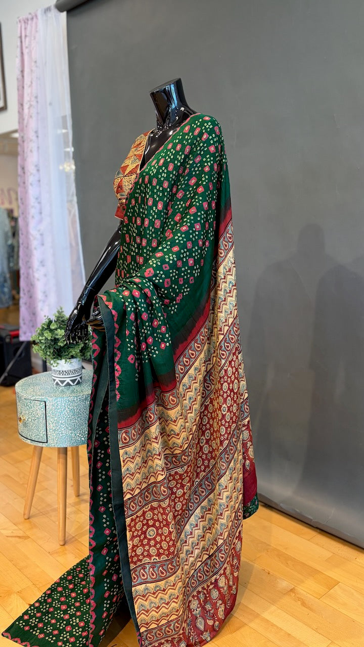 Emerald-Green Ajrakh Bandhani Saree