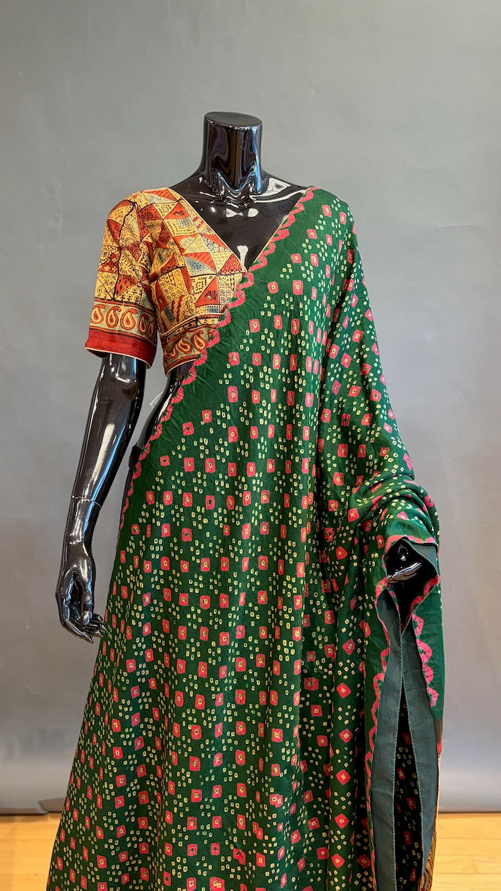 Emerald-Green Ajrakh Bandhani Saree