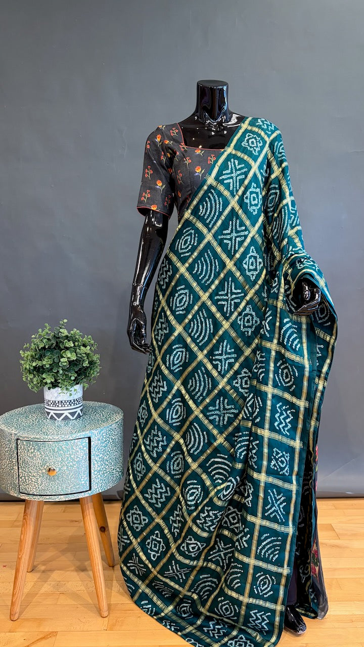 Peacock-Green Ajrakh Bandhani Saree