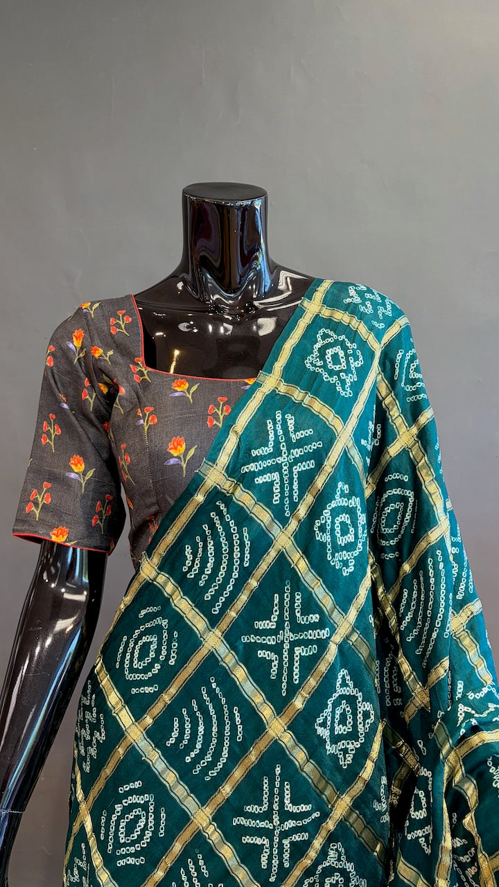 Peacock-Green Ajrakh Bandhani Saree