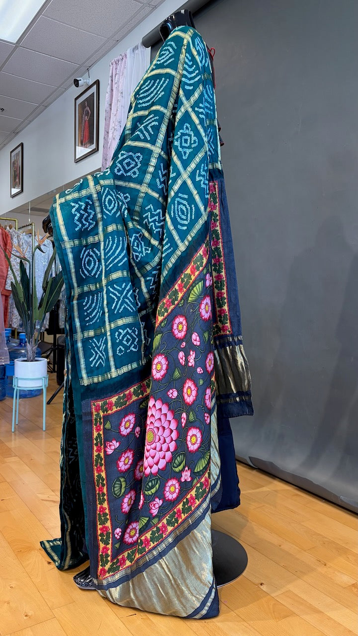 Peacock-Green Ajrakh Bandhani Saree