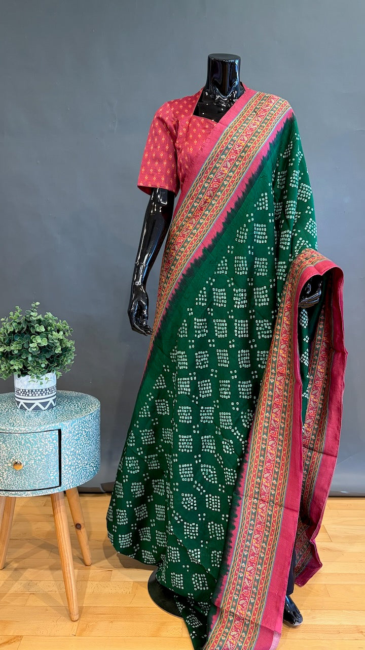 Emerald-Green and Pink Ajrakh Bandhani Saree
