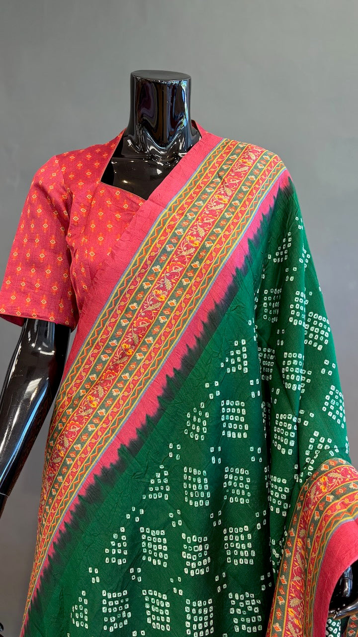 Emerald-Green and Pink Ajrakh Bandhani Saree