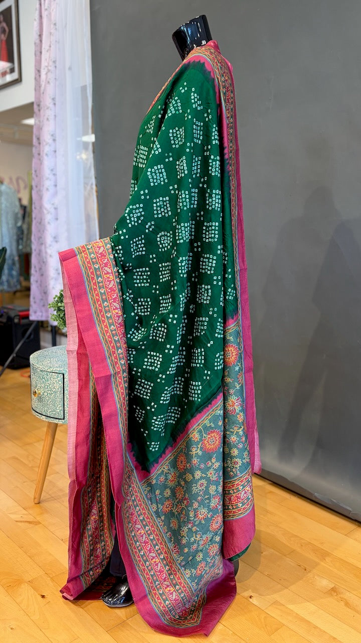 Emerald-Green and Pink Ajrakh Bandhani Saree