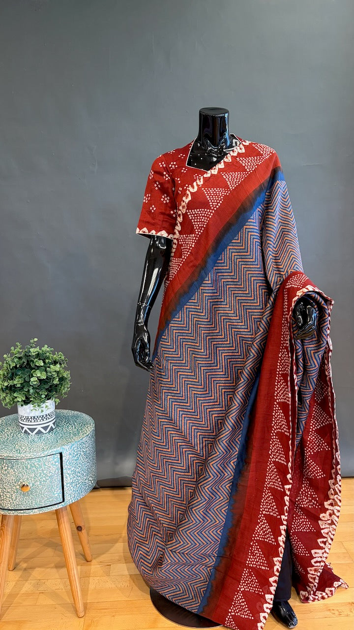 Rust-Brown And Blue Ajrakh Bandhani Saree