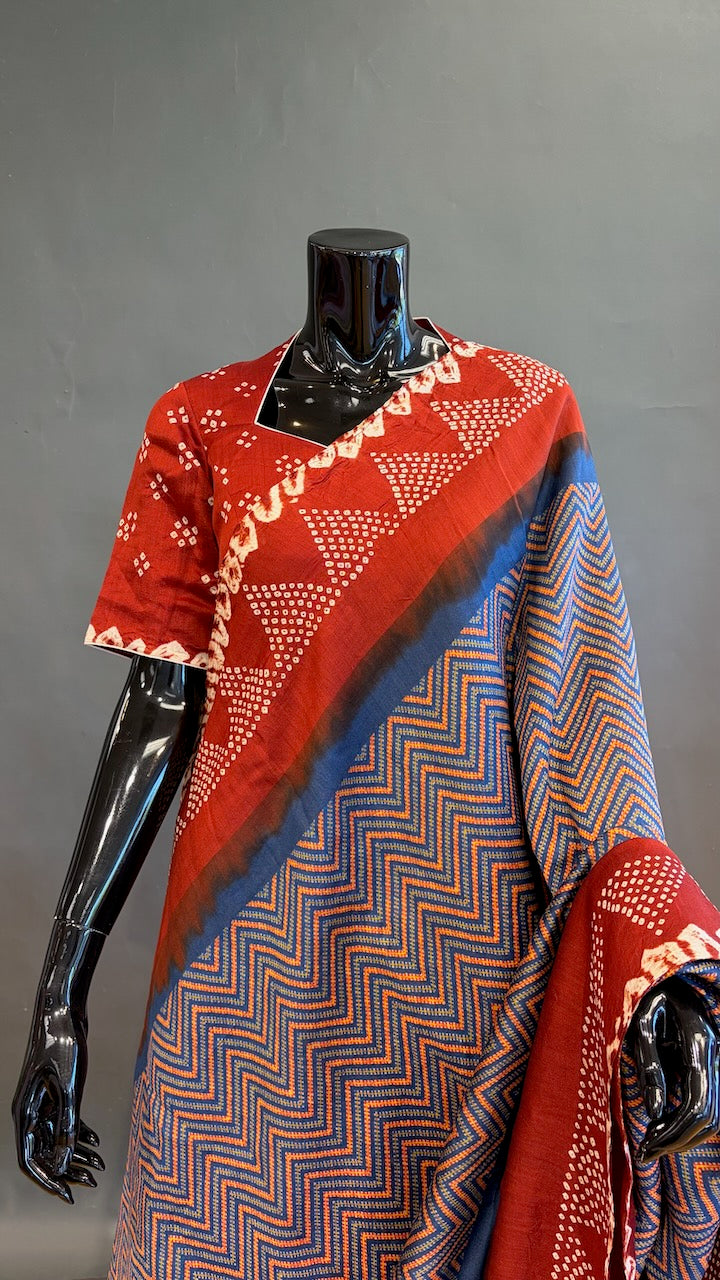 Rust-Brown And Blue Ajrakh Bandhani Saree