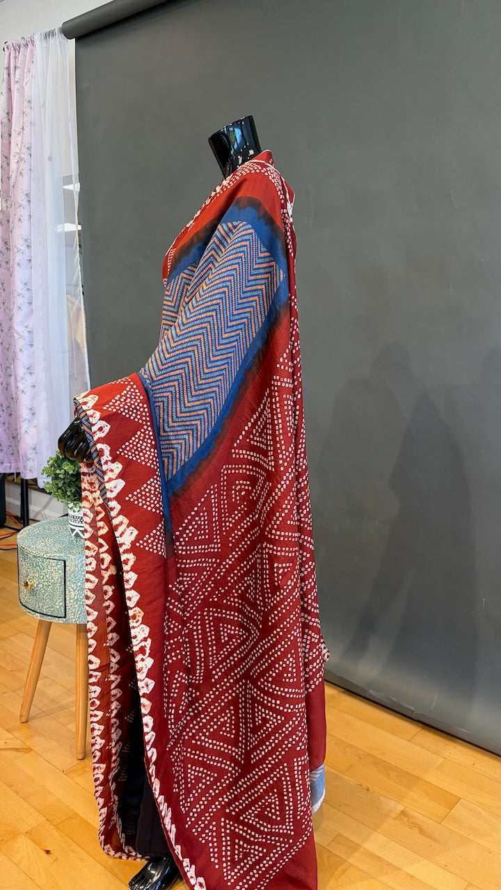 Rust-Brown And Blue Ajrakh Bandhani Saree