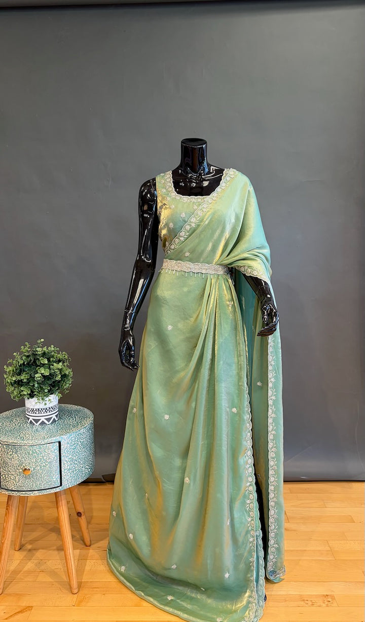 Sage-Green Designer Glass-Silk Saree with Embroidery