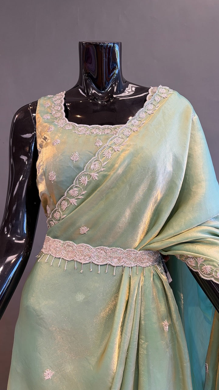 Sage-Green Designer Glass-Silk Saree with Embroidery