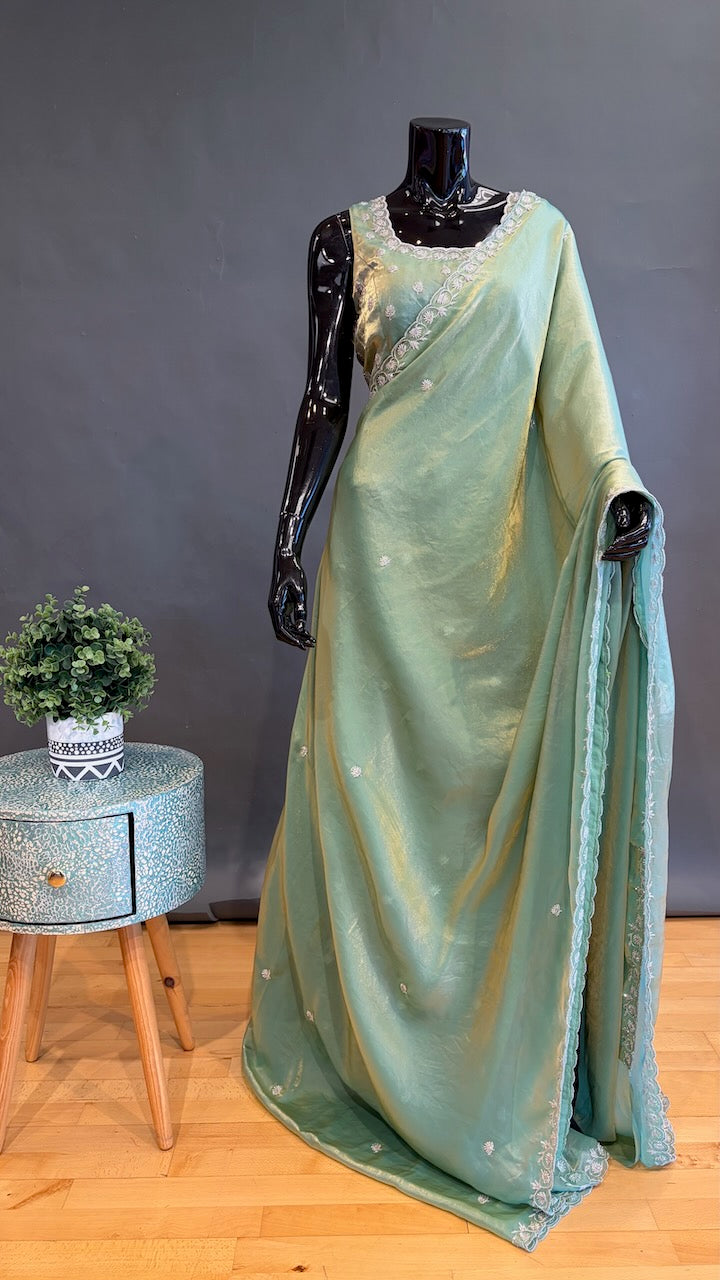 Sage-Green Designer Glass-Silk Saree with Embroidery