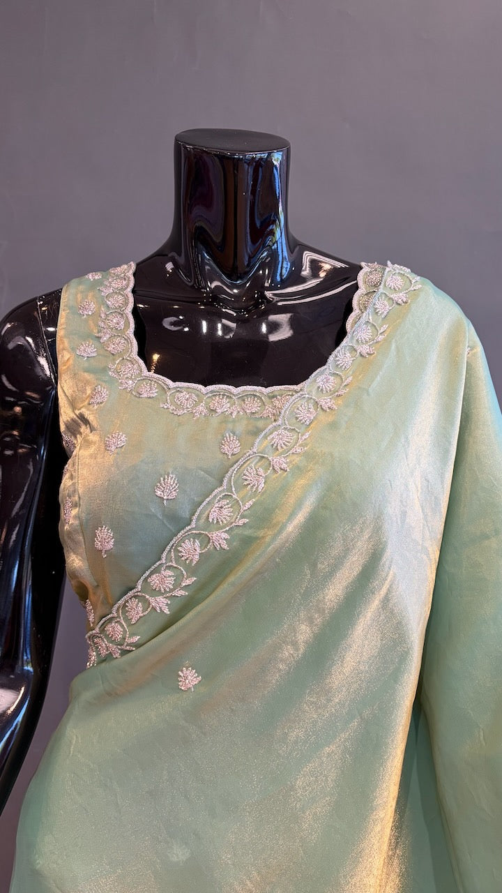 Sage-Green Designer Glass-Silk Saree with Embroidery
