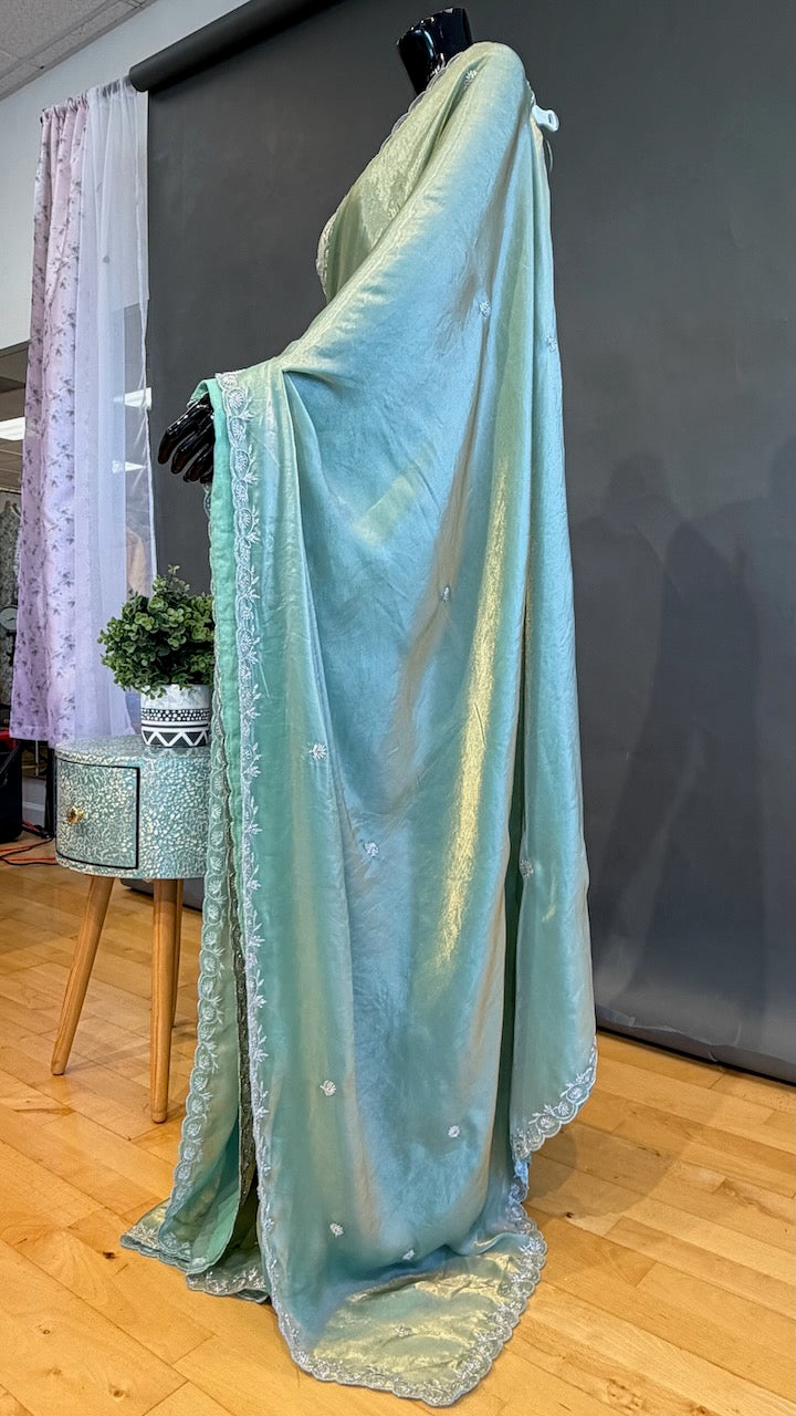 Sage-Green Designer Glass-Silk Saree with Embroidery