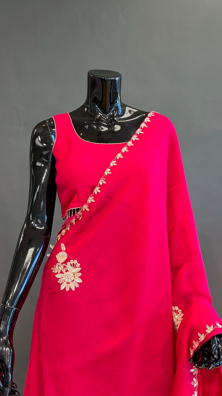 Rani Pink Embroidered Saree And Blouse