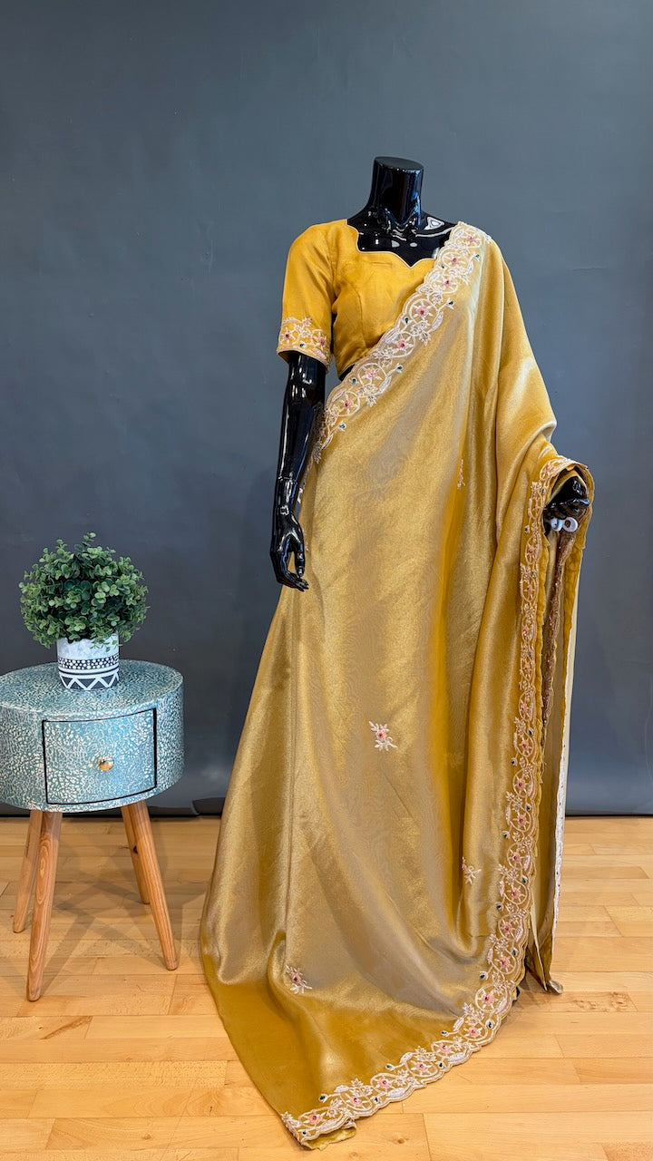 Yellow Gold Tissue Organza Embroidered Saree And Blouse