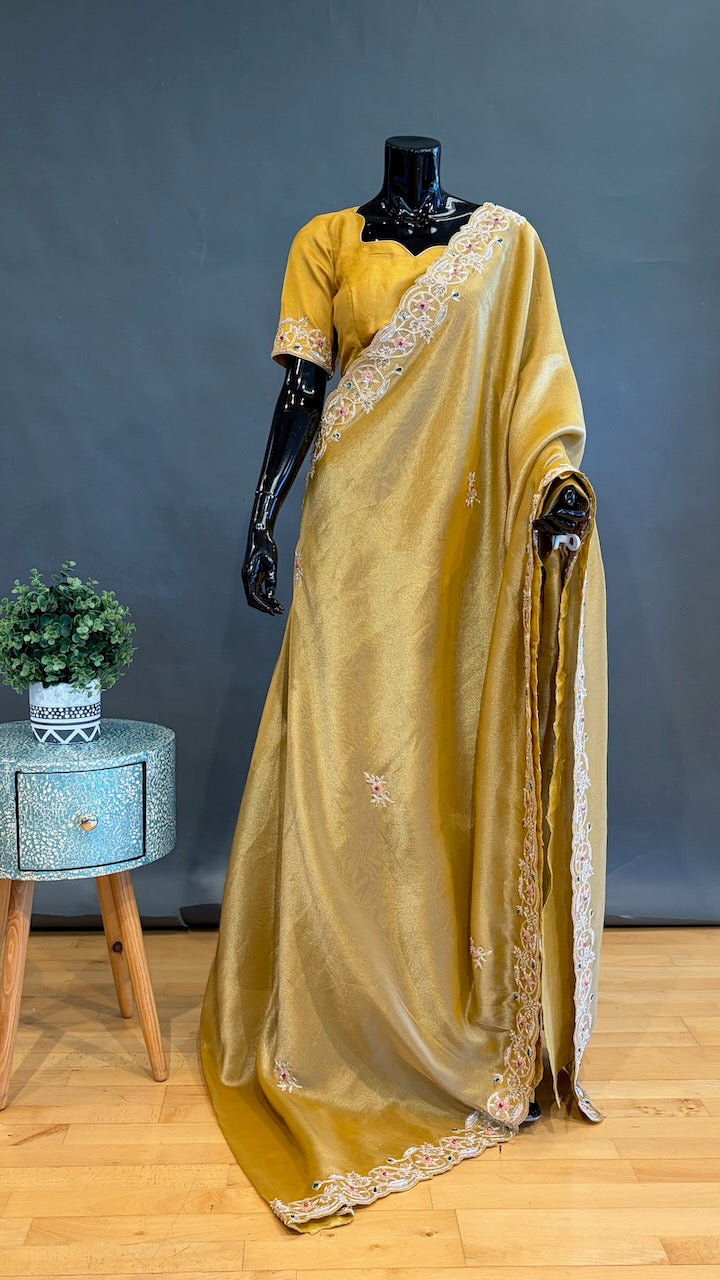 Yellow Gold Tissue Organza Embroidered Saree And Blouse