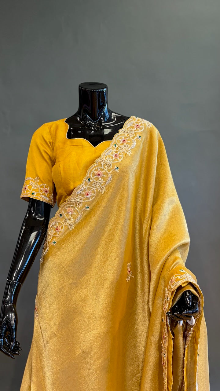 Yellow Gold Tissue Organza Embroidered Saree And Blouse