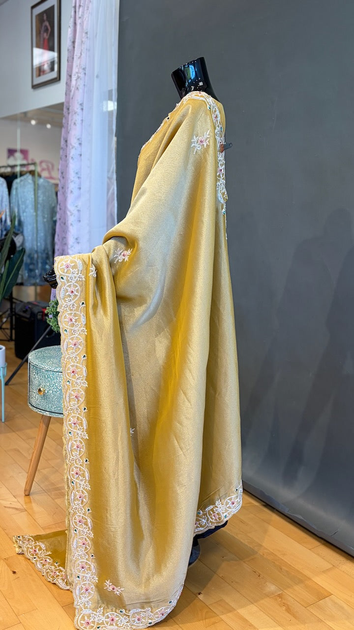 Yellow Gold Tissue Organza Embroidered Saree And Blouse