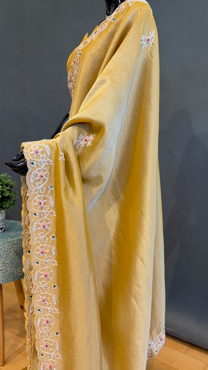 Yellow Gold Tissue Organza Embroidered Saree And Blouse