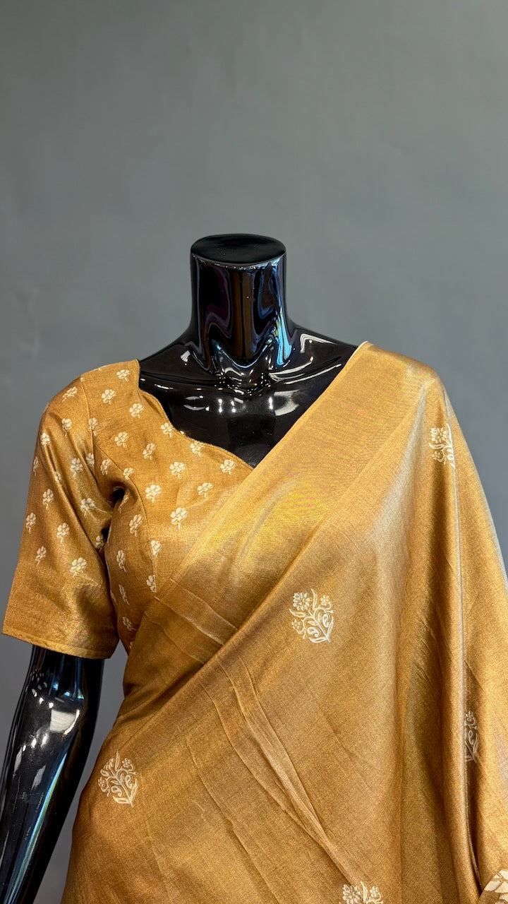 Olive Green Floral Print Banarasi Dola Silk Saree And Blouse